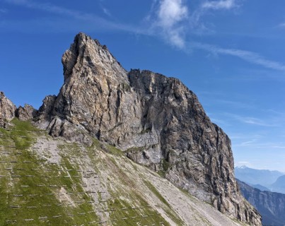 The steeply towering Six Armaille rock spike near Ovronnaz, Valais, Switzerland