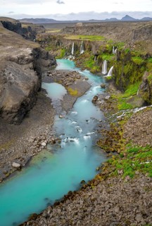 Waterfalls and a turquoise blue river flowing through a canyon, Sigöldugljúfur, long exposure,