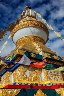 Buddhist gompa with prayer flags. Tabo monastry, Tabo, Spiti Valley, Himachal Pradesh, India