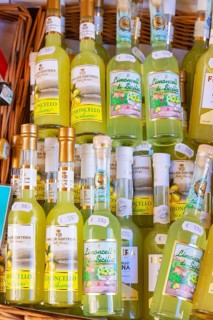 Bottles of limoncello liquor on sale, Taormina, Sicily, Italy
