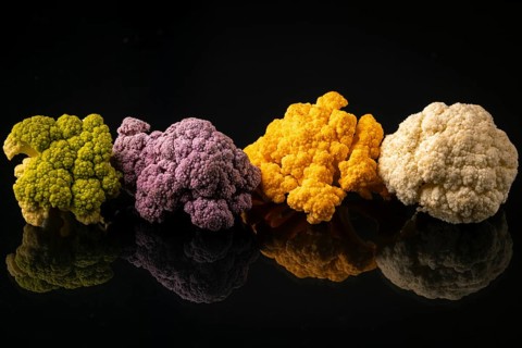 Four cauliflower heads in different colors on a black surface with reflection