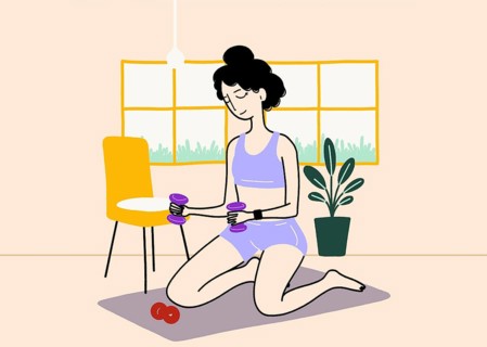 Illustration of a woman in sportswear performing a home workout with dumbbells. She kneels on a