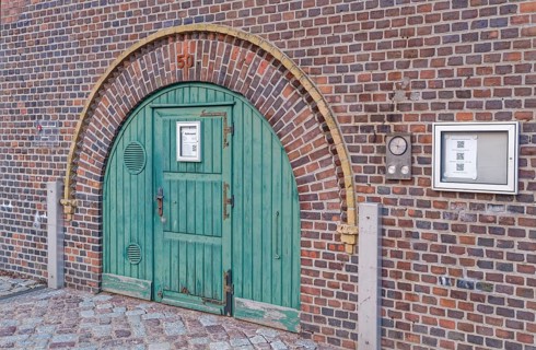Entrance to the Stralsund pilot house, a heritage-protected building in the port of the city of