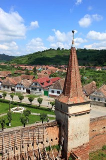 Romania, view of the village from the tower of the fortified church of Mosna, German Meschen or