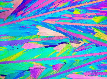 A detailed microscopic image showcases the stunning and colorful crystalline patterns of adipic