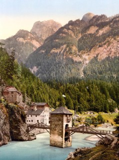 Wooden bridge over the Inn with bridge tower, Finstermünz, Tyrol, former Austro-Hungary, today