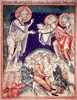 The Feeding of the Five Thousand, illustration from the Prayer Book of Hildegard of Bingen, ca