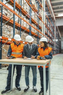 Warehouse workers and manager meeting, discussing logistics and inventory using barcode scanner and