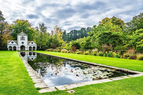 Autumn Colours over Bodnant House and Garden, Conwy River, Colwyn Bay, Conwy, Wales, UK
