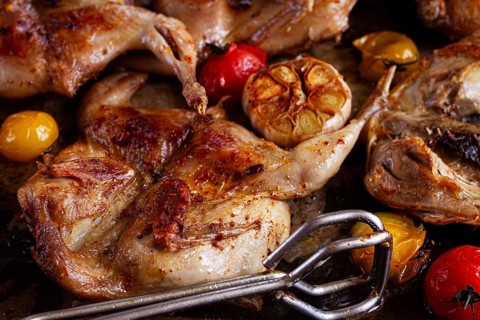Grilled quail meat, on a platter, tobacco, in the oven, with spices, homemade, without people