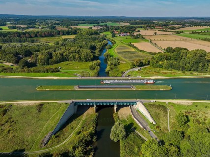 Olfen, North Rhine-Westphalia, Germany - Lippe, foreground canal bridge Lippe Neue Fahrt,