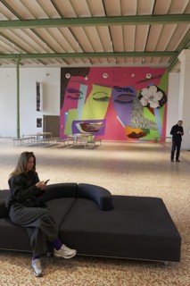 Collage mural by artist Mickalene Thomas, foyer of the Grand Palais, exhibition pavilion, Paris,