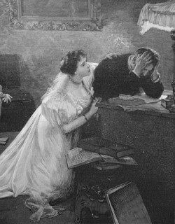 Woman comforting her man after his bankruptcy, 1880, England, Historic, digitally restored