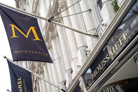 London, United Kingdom. April 9th 2026 Brand logo for Moussaieff Jewellers outside the jewellery