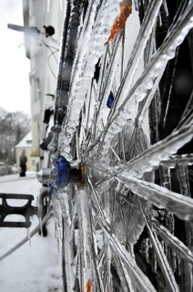 Bicycle icy due to freezing rain, icicles, detailed view