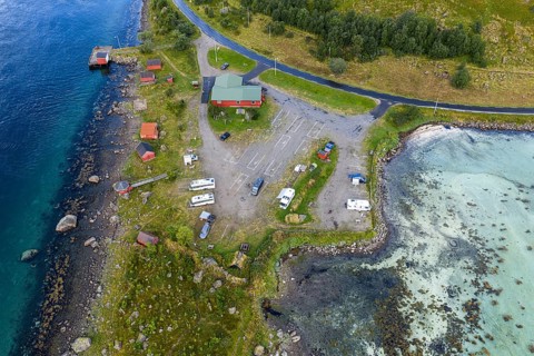 Campsite at Raften at the Raftsund, aerial view, Vesteralen, Norway