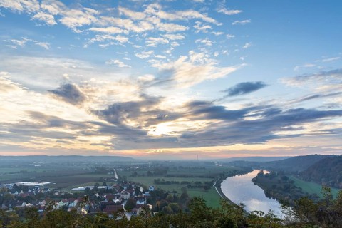 Morning atmosphere on the Boselspitze with a view of the Elbe Valley at sunrise, Sörnewitz, Coswig,
