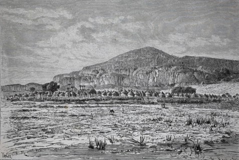 The village of Solinta in South Africa, 1890, cottages with round roof, arid landscape,
