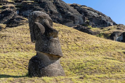 Moai stone statue on the slope of the Rano Raraku volcano, Easter Island, Chile