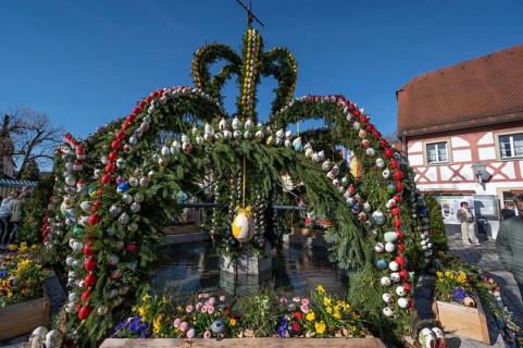 Large, decorated Easter fountain, typical customs in Franconia, Heiligenstadt, Upper Franconia,