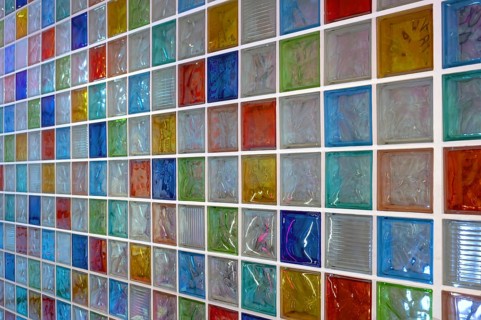 Wall with colored glass blocks, Nuremberg, Middle Franconia, Bavaria, Germany