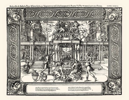 The banquet of the Persian King Ahasuerus and Vashti, Book of Esther, English pictures-bible, 1566,