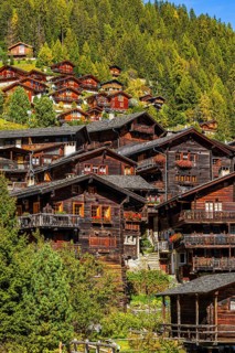 Old wooden houses in the historic village centre, Grimentz, Val d'Anniviers, Valais Alps, Canton
