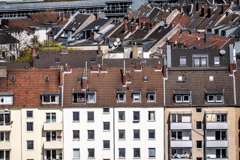 View of the roof landscape of residential buildings in downtown Düsseldorf, Friedrichstadt, North