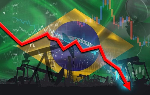 Crude crisis with Brazilian flag on financial graph. Fall oil price with flag of Brazil on economic