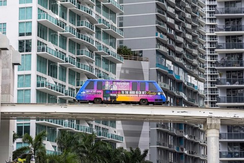 Miami Metromover People Mover train in the Brickell district of Miami, USA