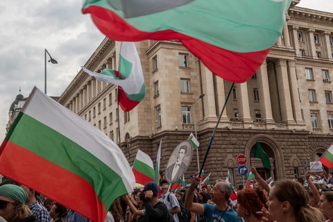 Sofia, Bulgaria. September 2nd 2020 Bulgarian anti-government protestors gather in front of police