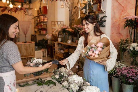 A Woman engaged in a florist business, happily working together among beautiful floral arrangements