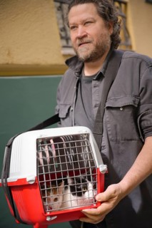 A man carries a red pet carrier containing two cats, preparing for a veterinarian visit. The cats