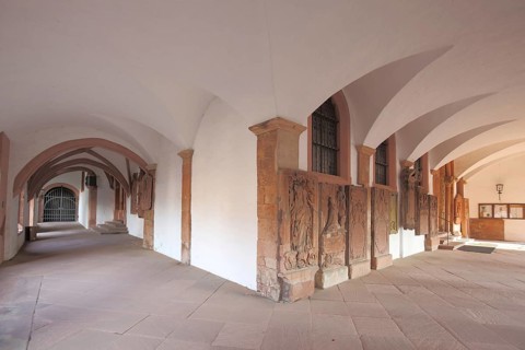 Cloister with grave plates in the abbey basilica, interior view, Aschaffenburg, Spessart, Lower