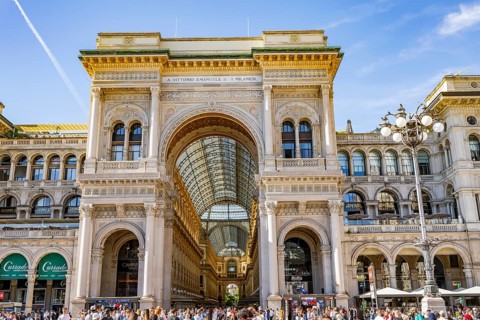 View of the Galleria Vittorio Emanuele in Milan on a sunny day, Milan, Italy