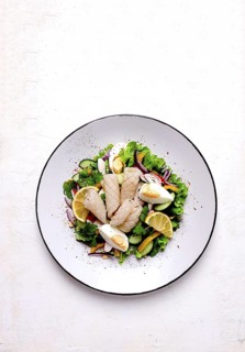 Salad of squid and vegetables, with egg, homemade, no people
