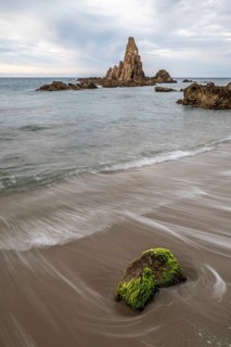 Rocky coast, rocks washed by water, Cabo de Gata-Nijar Natural Park, Almeria, Andalusia, Spain