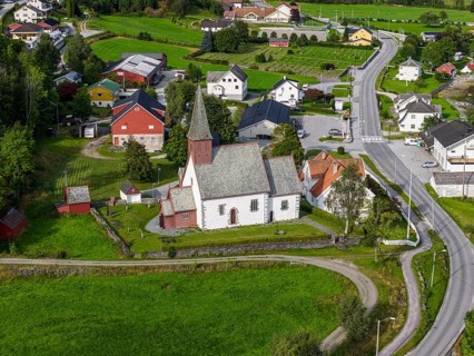 Historical church of Dalen at the Lustrafjord, inner branch of the Sognefjord, Sogn og Fjordane,