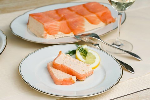 Southern German cuisine, salmon trout terrine arranged on a plate, salmon terrine with trout