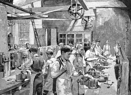 Crafts lessons around 1890, locksmith workshop and metal turning, metalworking, many apprentices