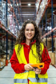 Vertical portrait of a woman in reflective waistcoat working holding scanner in a distribution