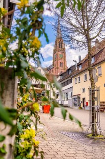 Historic old town scene with church tower and blooming spring flowers, Nagold, Calw district,