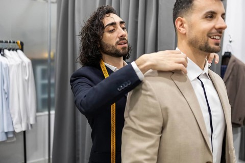 A tailor is attentively adjusting a client suit jacket in a suit store. The focus is on precision