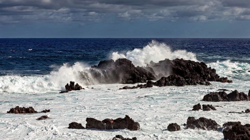 Powerful waves break on a rocky coast and produce spray under a cloudy sky, the landscape of Easter