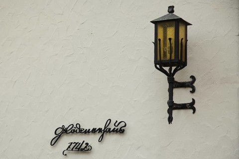 Lantern at Glöcknerhaus 1742, year, inscription, cursive, Michelstadt, Odenwald, Hesse, Germany
