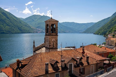 Argegno on Lake Como, church tower, Lombardy, Italy