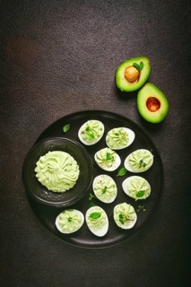 Snack, stuffed eggs with avocado, homemade, no people