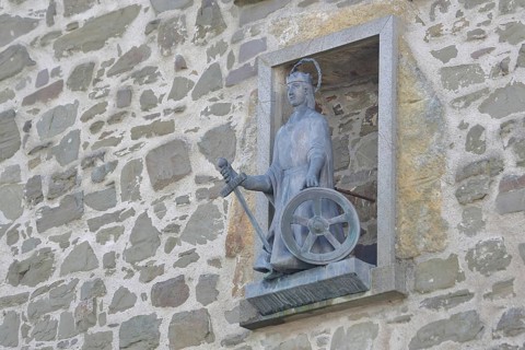Saint Catherine of Alexandria sculpture with sword and wheel, Katharinenturm, City of Blankenberg,