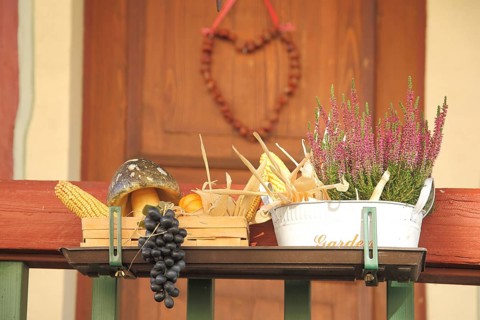 Idyllic decoration with red grapes, blooming heather and heart, decorations at the house entrance,