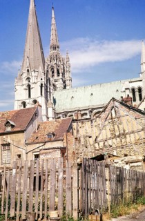 Historic buildings and cathedral church in Chartres, France 1964